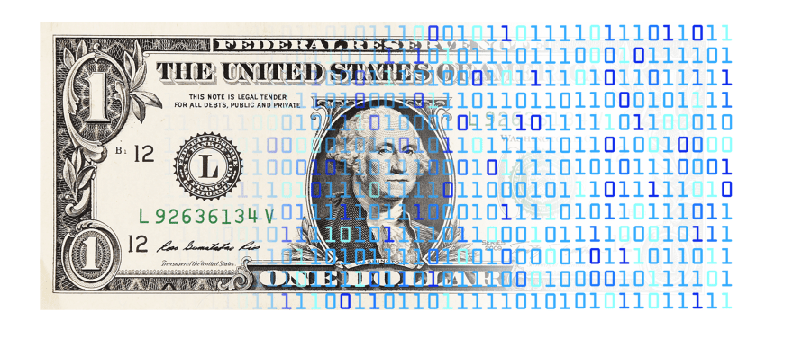 Billete de un dólar transformándose en código binario