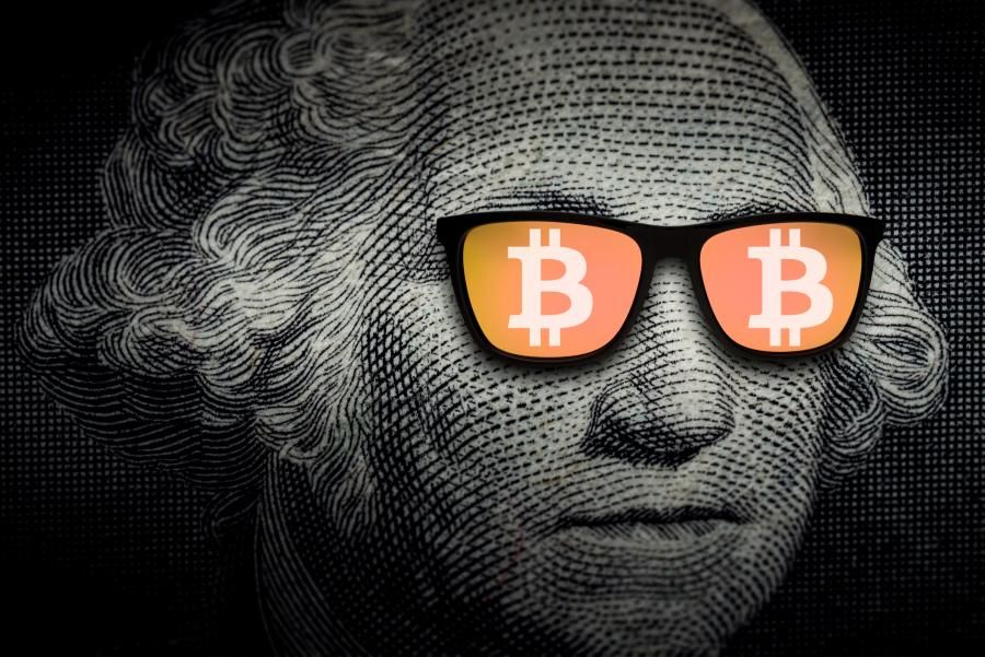 Ilustración de George Washington con gafas de sol con el símbolo de bitcoin. 