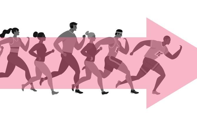 Ilustración con flecha y personas corriendo
