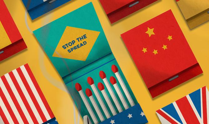 Cajas de cerillas con banderas de países y el mensaje "Stop the spread". Ilustración de las Naciones Unidas contra el coronavirus
