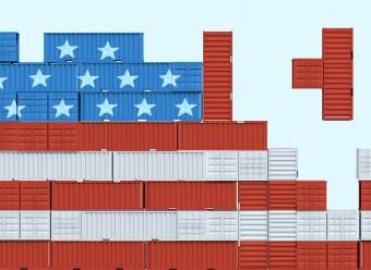 Bandera de Estados Unidos construida con contenedores en forma de tetris