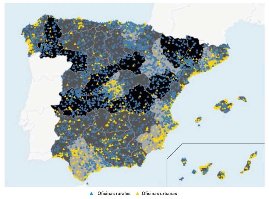 Mapa de oficinas rurales y urbanas de CaixaBank