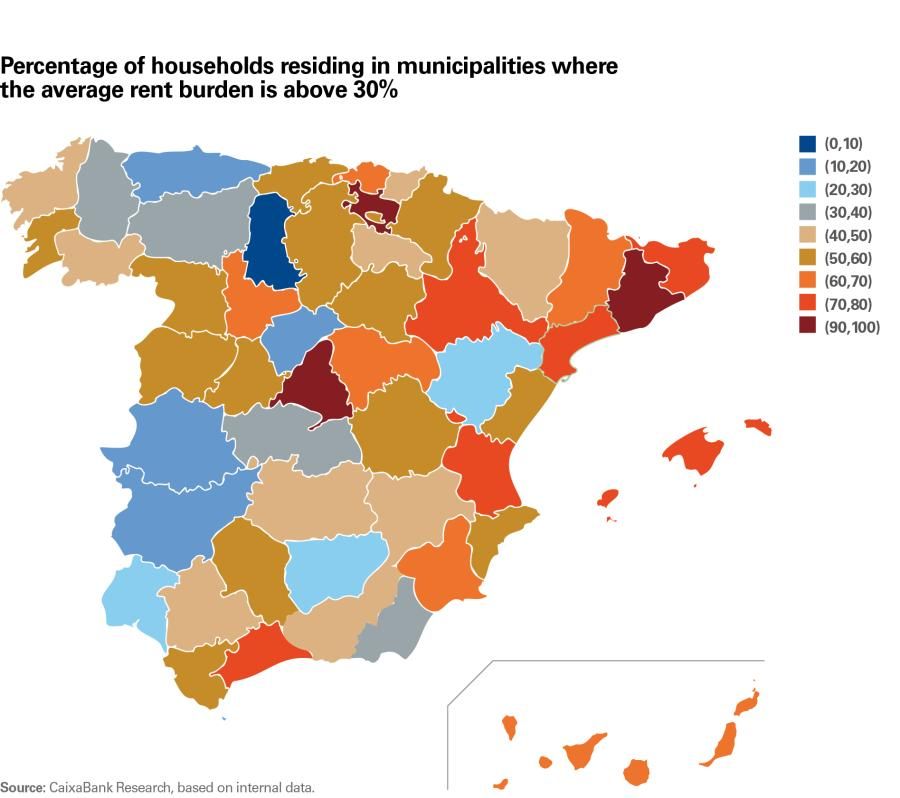 Percentage of households residing in municipalities where the average rent burden is above 30%