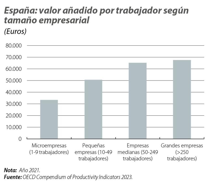 España: valor añadido por trabajador según tamaño empresarial