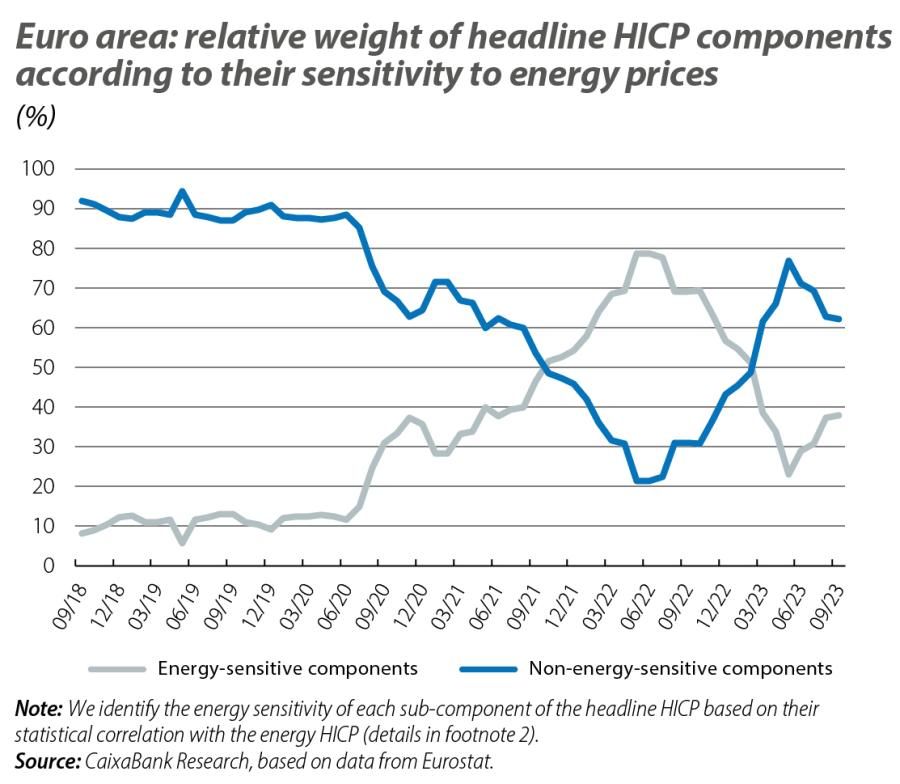 Euro area: relative weight of headline HICP components according to their sensiti vity to energy prices