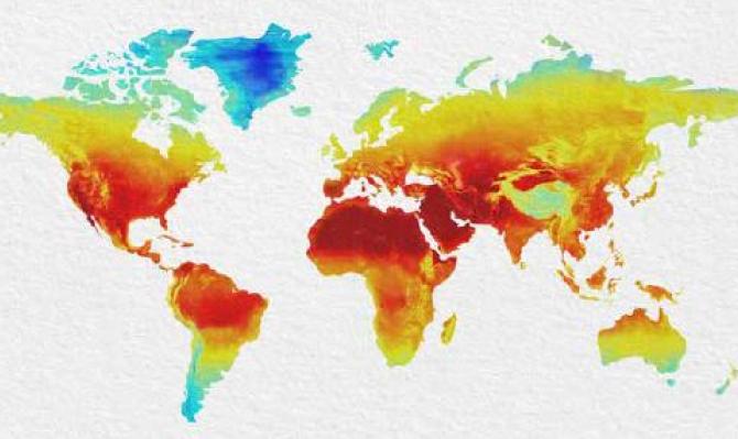 Mapamundi con una mapa de temperaturas superpuesto para ilustrar el cambio climático