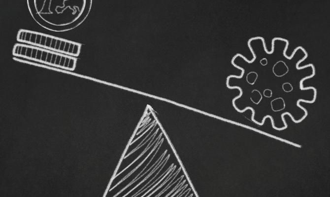 Dibujo de balanza con moneda de 1 euro y coronavirus en cada extremo