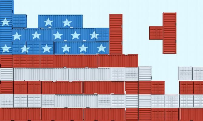 Bandera de Estados Unidos construida con contenedores en forma de tetris
