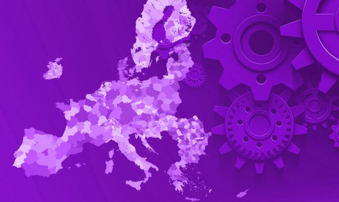 Mapa de la UE con engranajes para indicar productividad. Portada del IM01/2026