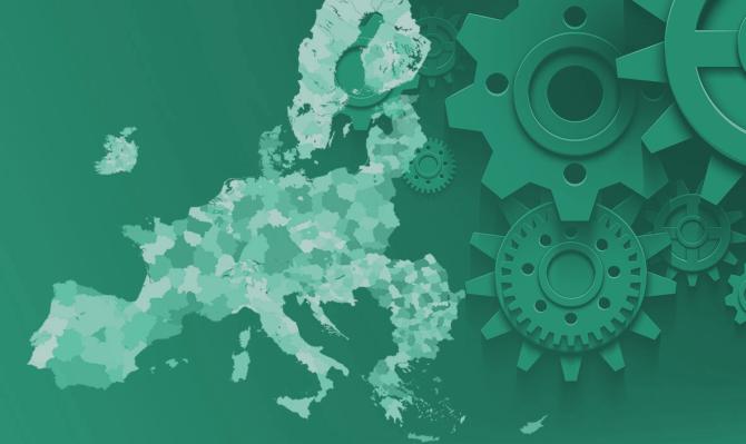 Mapa de la UE con engranajes para indicar productividad. Portada del IM01/2026