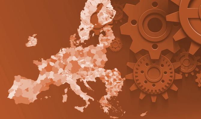 Mapa de la UE con engranajes para indicar productividad. Portada del IM01/2026