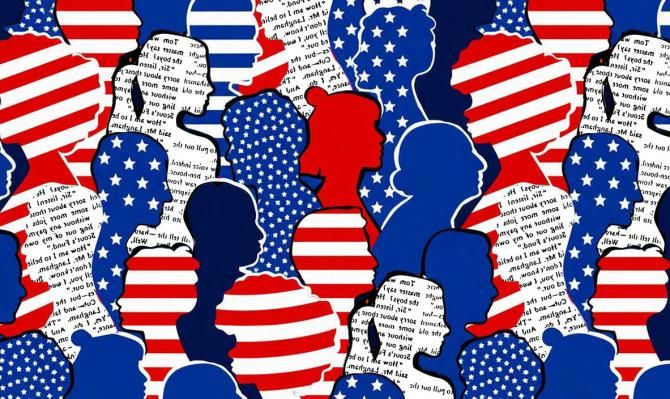 Ilustración que muestra perfiles de personas usando los colores de la bandera de los Estados Unidos para ilustrar un artículo de análisis económico de CaixaBank Research