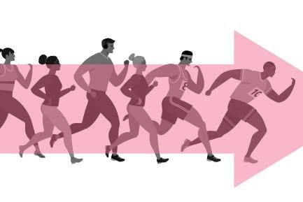 Ilustración con flecha y personas corriendo