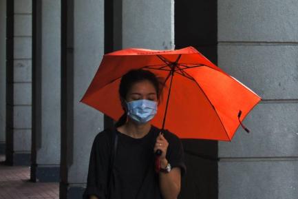 Mujer con mascarilla y paraguas
