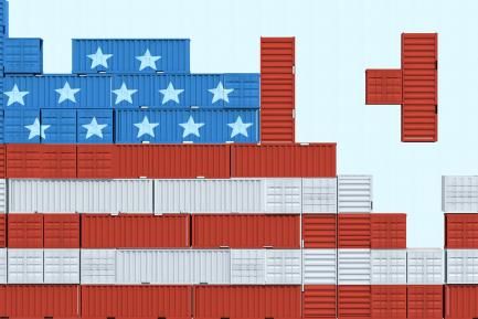 Bandera de Estados Unidos construida con contenedores en forma de tetris
