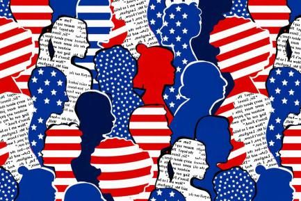 Ilustración que muestra perfiles de personas usando los colores de la bandera de los Estados Unidos para ilustrar un artículo de análisis económico de CaixaBank Research
