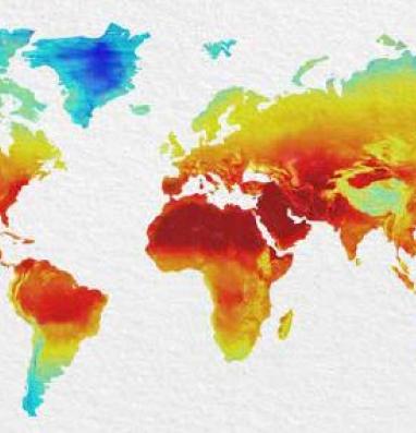 Mapamundi con una mapa de temperaturas superpuesto para ilustrar el cambio climático